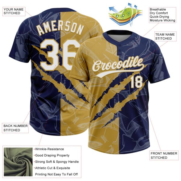 Custom Graffiti Pattern White Navy-Old Gold 3D Scratch Two-Button Unisex Softball Jersey