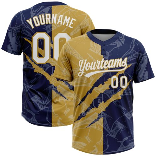 Softball2071 Custom Graffiti Pattern White Navy-Old Gold 3D Scratch Two-Button Unisex Softball Jersey