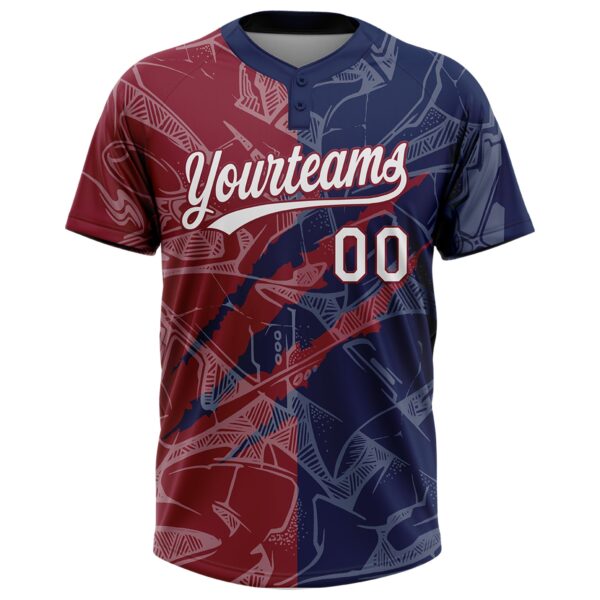 Custom Graffiti Pattern White Navy-Crimson 3D Scratch Two-Button Unisex Softball Jersey