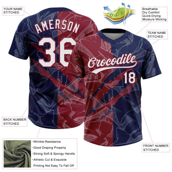 Custom Graffiti Pattern White Navy-Crimson 3D Scratch Two-Button Unisex Softball Jersey