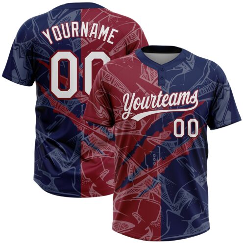 Softball2074 Custom Graffiti Pattern White Navy-Crimson 3D Scratch Two-Button Unisex Softball Jersey