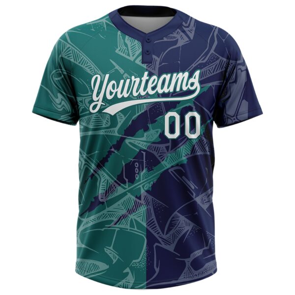 Custom Graffiti Pattern White Navy-Teal 3D Scratch Two-Button Unisex Softball Jersey