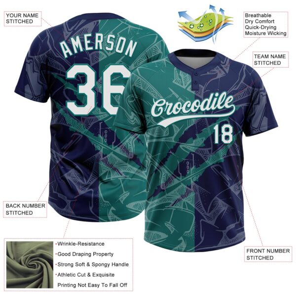 Custom Graffiti Pattern White Navy-Teal 3D Scratch Two-Button Unisex Softball Jersey