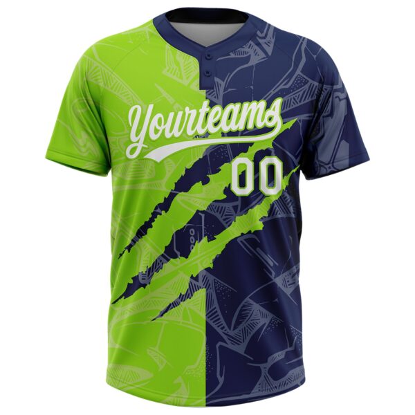 Custom Graffiti Pattern White Navy-Neon Green 3D Scratch Two-Button Unisex Softball Jersey