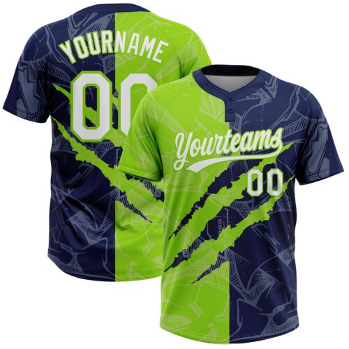 Softball2076 Custom Graffiti Pattern White Navy-Neon Green 3D Scratch Two-Button Unisex Softball Jersey
