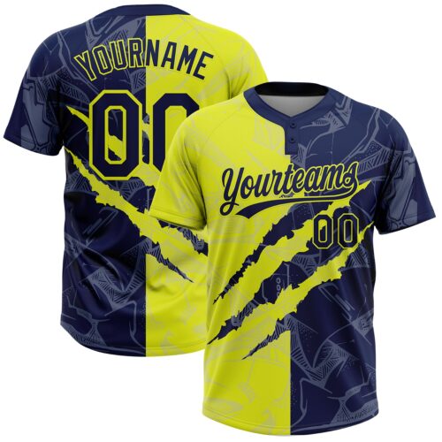 Softball2077 Custom Graffiti Pattern Navy-Neon Yellow 3D Scratch Two-Button Unisex Softball Jersey