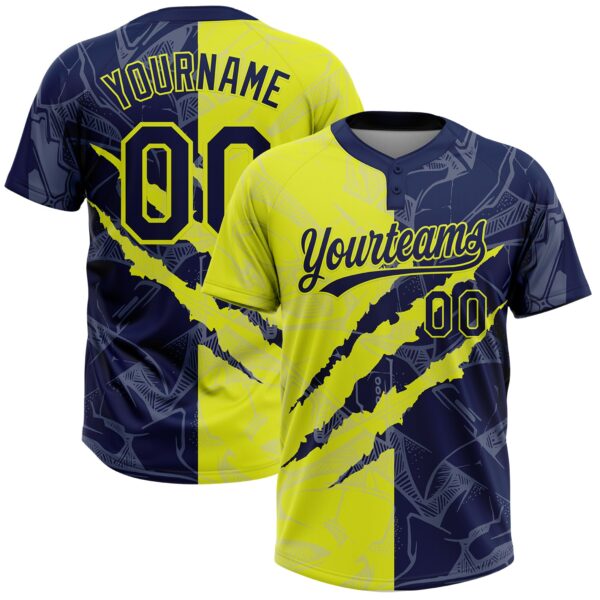 Custom Graffiti Pattern Navy-Neon Yellow 3D Scratch Two-Button Unisex Softball Jersey