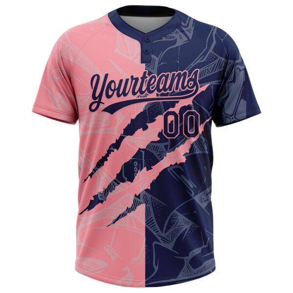 Custom Graffiti Pattern Navy-Medium Pink 3D Scratch Two-Button Unisex Softball Jersey