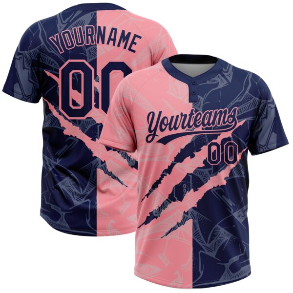 Custom Graffiti Pattern Navy-Medium Pink 3D Scratch Two-Button Unisex Softball Jersey