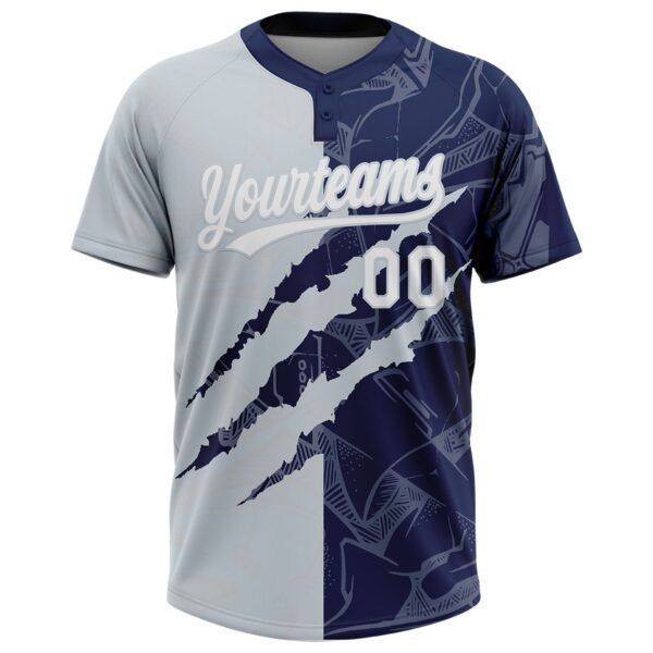Custom Graffiti Pattern White Navy-Silver 3D Scratch Two-Button Unisex Softball Jersey