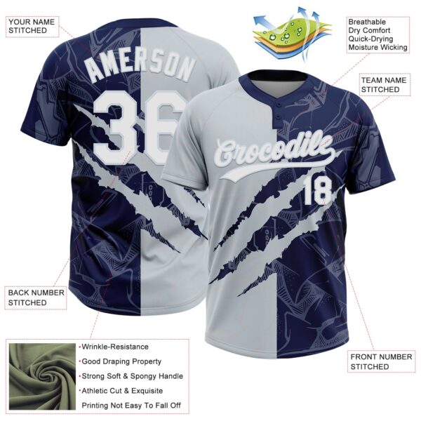 Custom Graffiti Pattern White Navy-Silver 3D Scratch Two-Button Unisex Softball Jersey