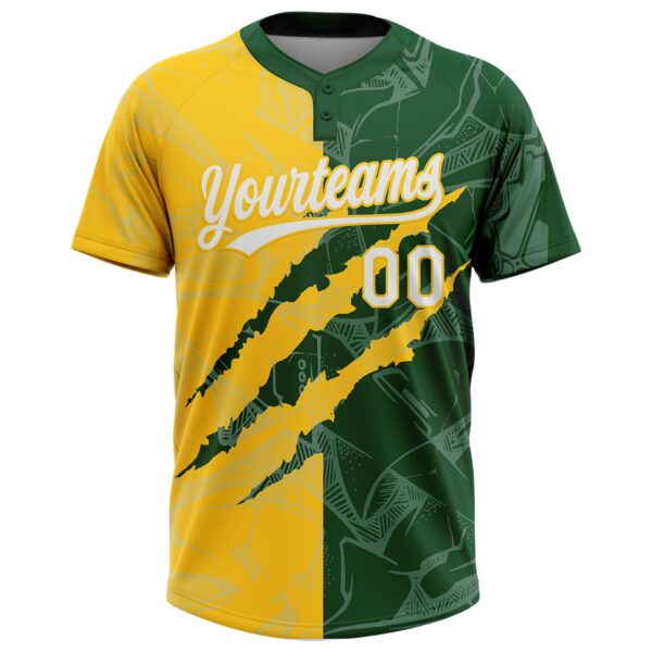 Custom Graffiti Pattern White Green-Yellow 3D Scratch Two-Button Unisex Softball Jersey