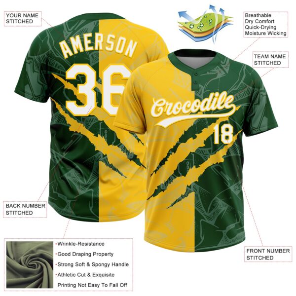 Custom Graffiti Pattern White Green-Yellow 3D Scratch Two-Button Unisex Softball Jersey