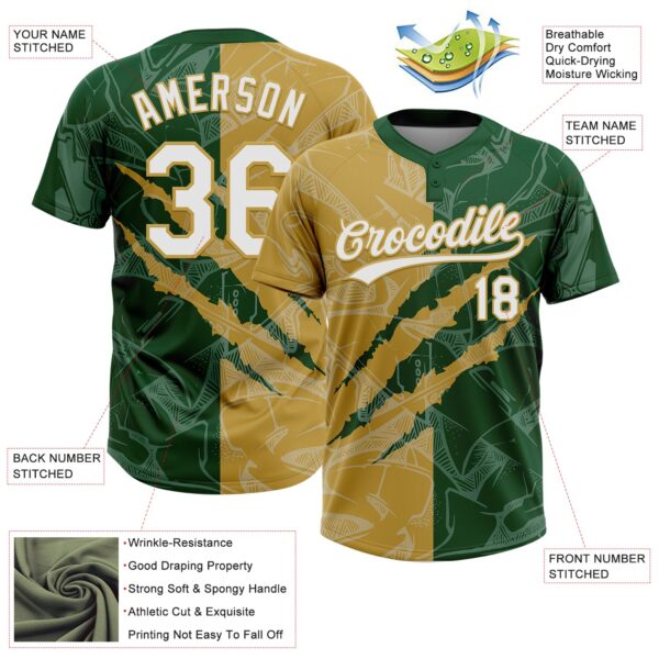 Custom Graffiti Pattern White Green-Old Gold 3D Scratch Two-Button Unisex Softball Jersey