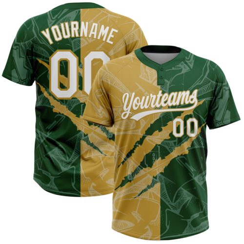 Custom Graffiti Pattern White Green-Old Gold 3D Scratch Two-Button Unisex Softball Jersey