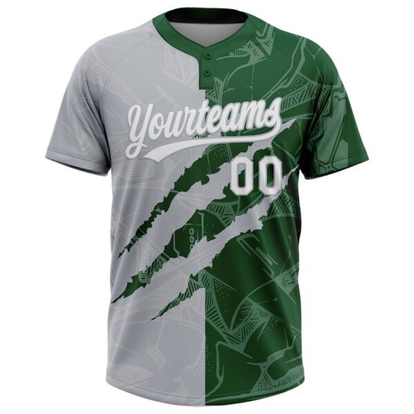Custom Graffiti Pattern White Green-Gray 3D Scratch Two-Button Unisex Softball Jersey