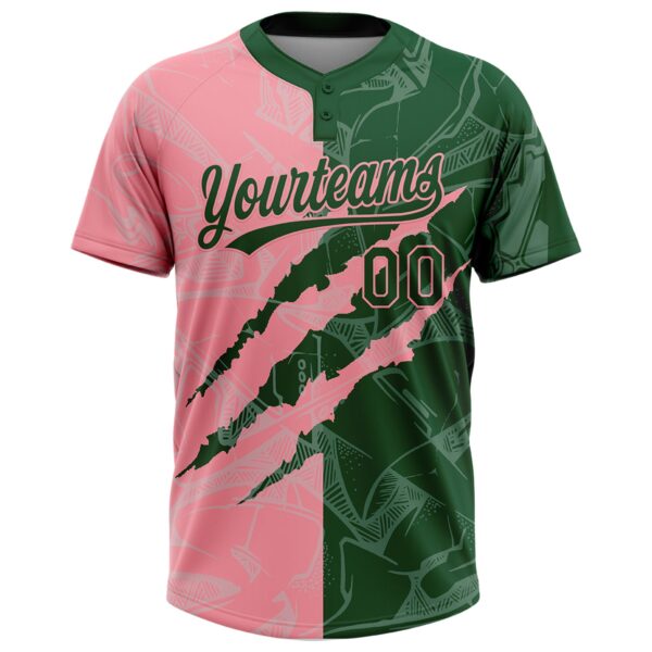 Custom Graffiti Pattern Green-Medium Pink 3D Scratch Two-Button Unisex Softball Jersey