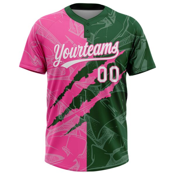 Custom Graffiti Pattern White Green-Pink 3D Scratch Two-Button Unisex Softball Jersey