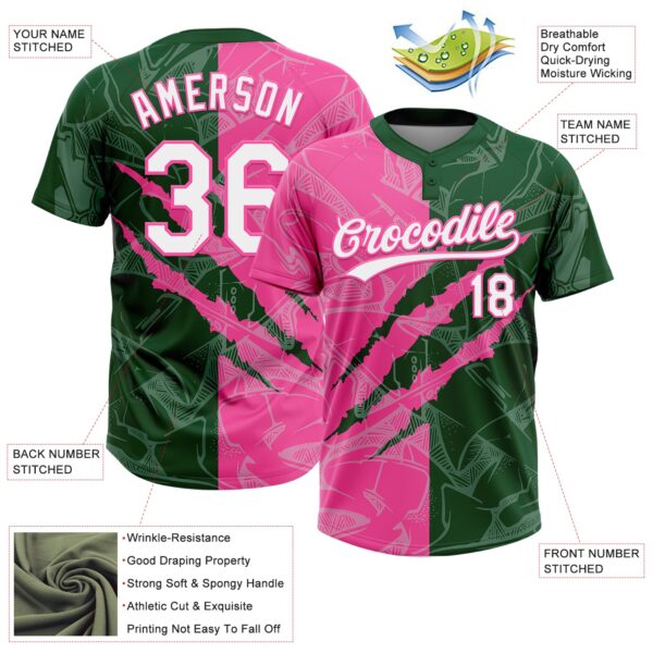 Custom Graffiti Pattern White Green-Pink 3D Scratch Two-Button Unisex Softball Jersey