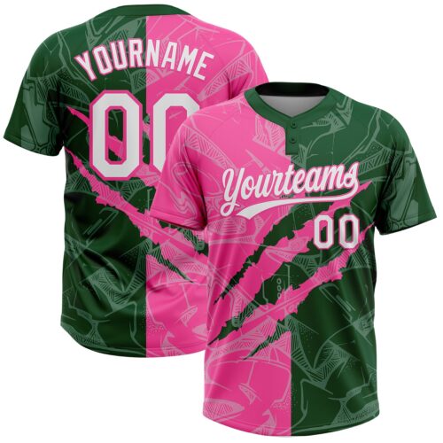 Softball2085 Custom Graffiti Pattern White Green-Pink 3D Scratch Two-Button Unisex Softball Jersey