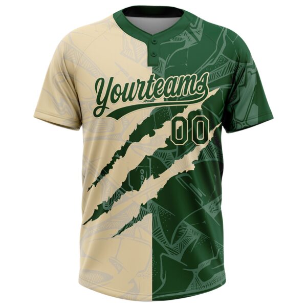Custom Graffiti Pattern Green-Cream 3D Scratch Two-Button Unisex Softball Jersey
