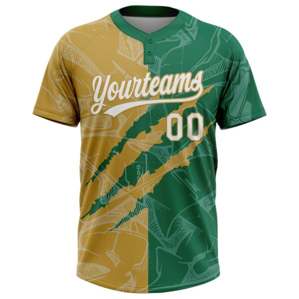 Custom Graffiti Pattern White Kelly Green-Old Gold 3D Scratch Two-Button Unisex Softball Jersey