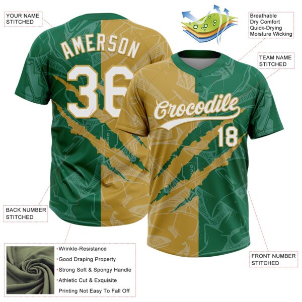 Custom Graffiti Pattern White Kelly Green-Old Gold 3D Scratch Two-Button Unisex Softball Jersey