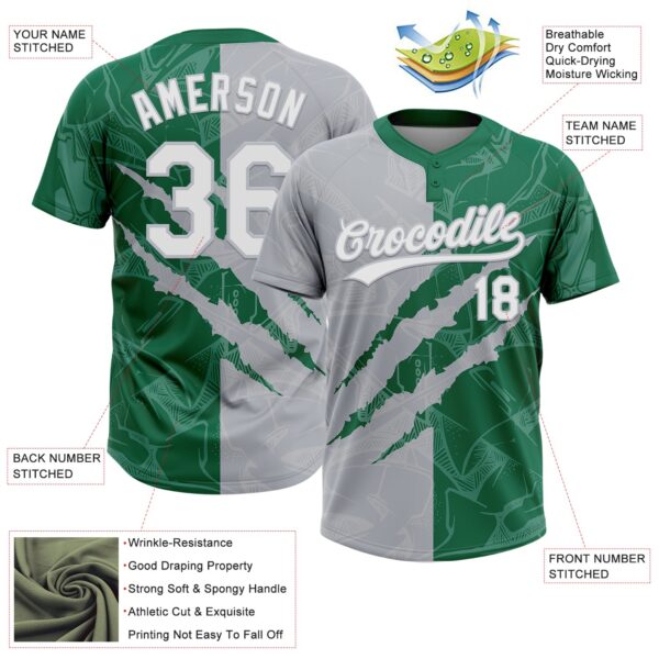 Custom Graffiti Pattern White Kelly Green-Gray 3D Scratch Two-Button Unisex Softball Jersey