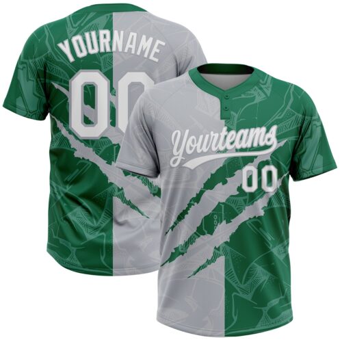 Custom Graffiti Pattern White Kelly Green-Gray 3D Scratch Two-Button Unisex Softball Jersey