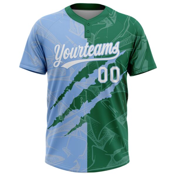 Custom Graffiti Pattern White Kelly Green-Light Blue 3D Scratch Two-Button Unisex Softball Jersey
