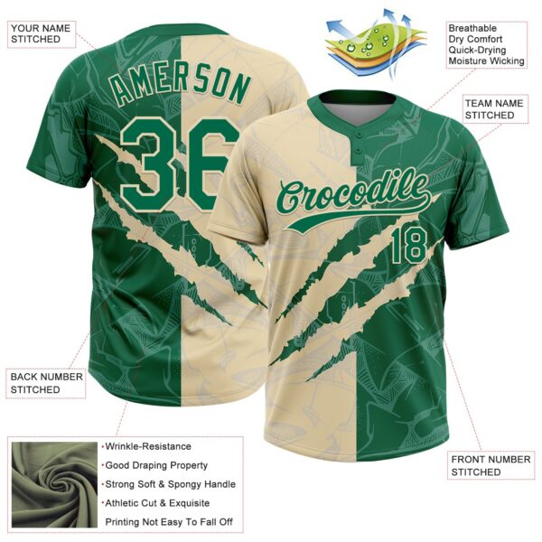Custom Graffiti Pattern Kelly Green-Cream 3D Scratch Two-Button Unisex Softball Jersey