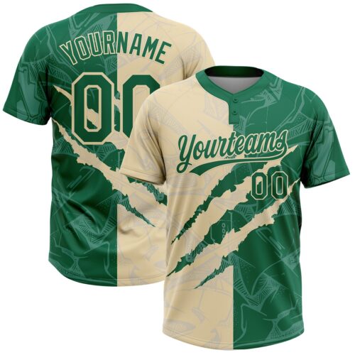 Custom Graffiti Pattern Kelly Green-Cream 3D Scratch Two-Button Unisex Softball Jersey
