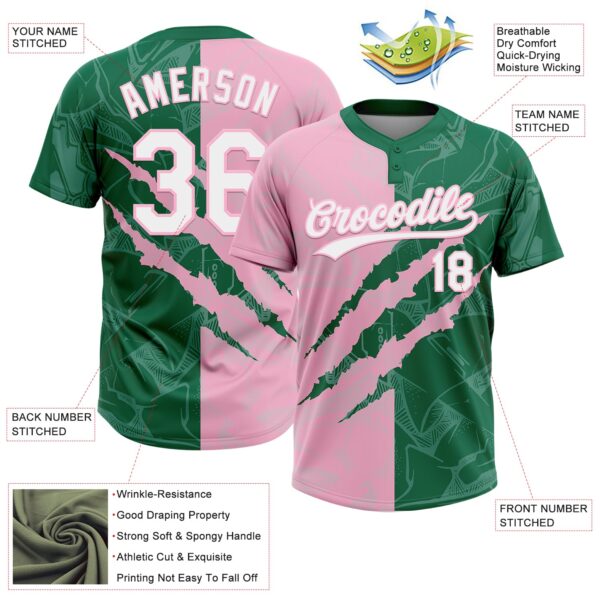 Custom Graffiti Pattern White Kelly Green-Light Pink 3D Scratch Two-Button Unisex Softball Jersey