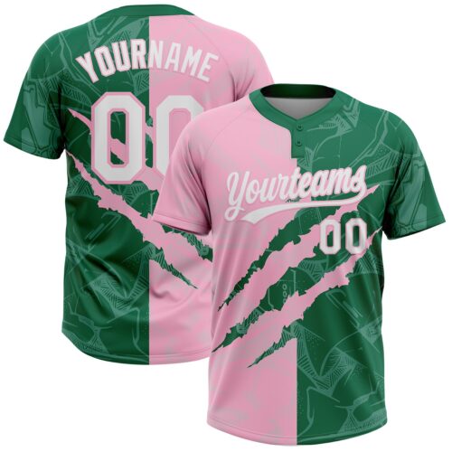 Softball2091 Custom Graffiti Pattern White Kelly Green-Light Pink 3D Scratch Two-Button Unisex Softball Jersey
