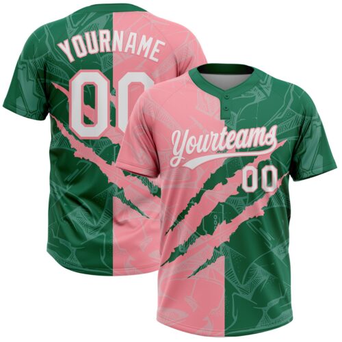 Softball2092 Custom Graffiti Pattern White Kelly Green-Medium Pink 3D Scratch Two-Button Unisex Softball Jersey