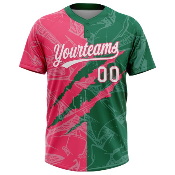 Custom Graffiti Pattern White Kelly Green-Neon Pink 3D Scratch Two-Button Unisex Softball Jersey