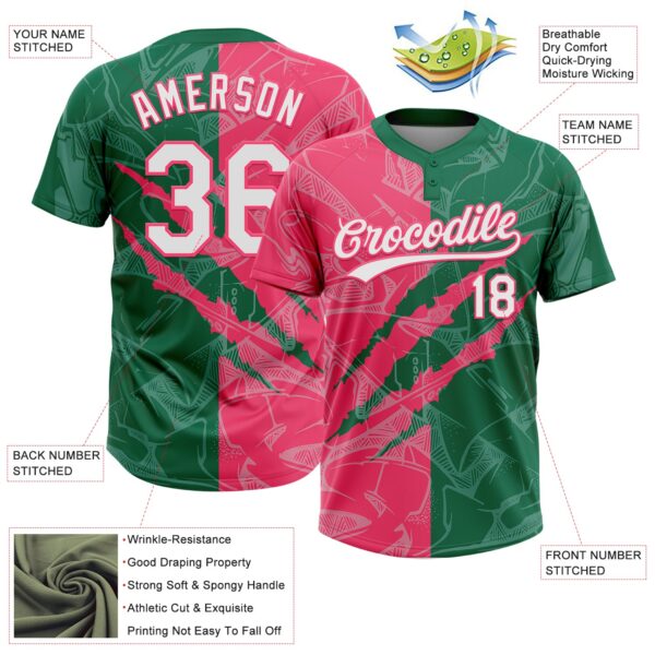 Custom Graffiti Pattern White Kelly Green-Neon Pink 3D Scratch Two-Button Unisex Softball Jersey