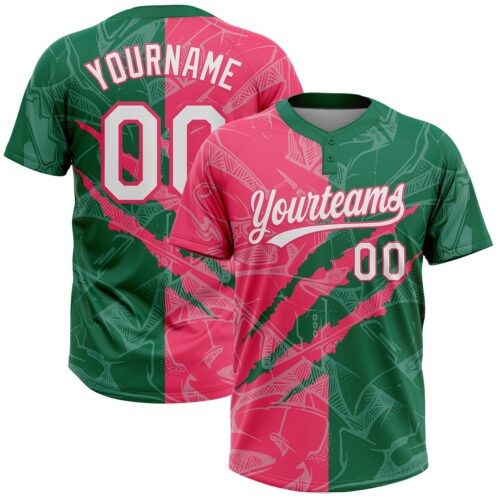 Softball2093 Custom Graffiti Pattern White Kelly Green-Neon Pink 3D Scratch Two-Button Unisex Softball Jersey