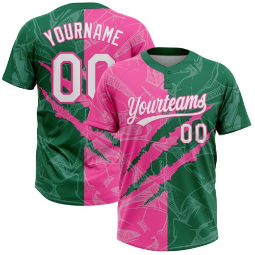 Softball2094 Custom Graffiti Pattern White Kelly Green-Pink 3D Scratch Two-Button Unisex Softball Jersey