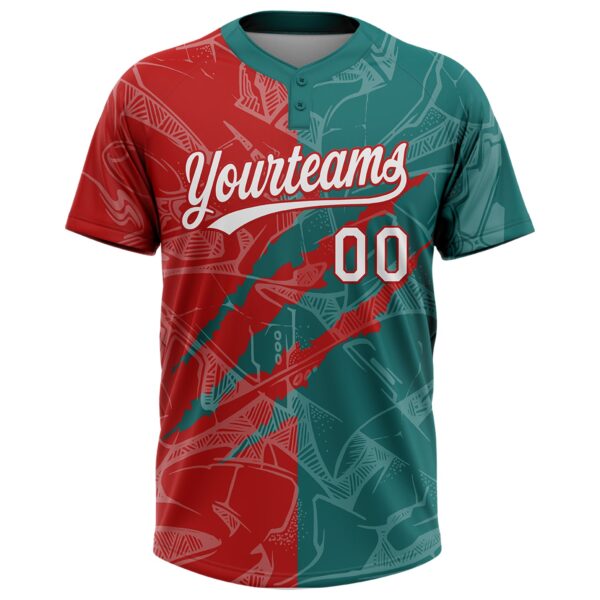 Custom Graffiti Pattern White Teal-Red 3D Scratch Two-Button Unisex Softball Jersey
