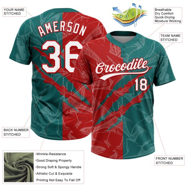 Custom Graffiti Pattern White Teal-Red 3D Scratch Two-Button Unisex Softball Jersey
