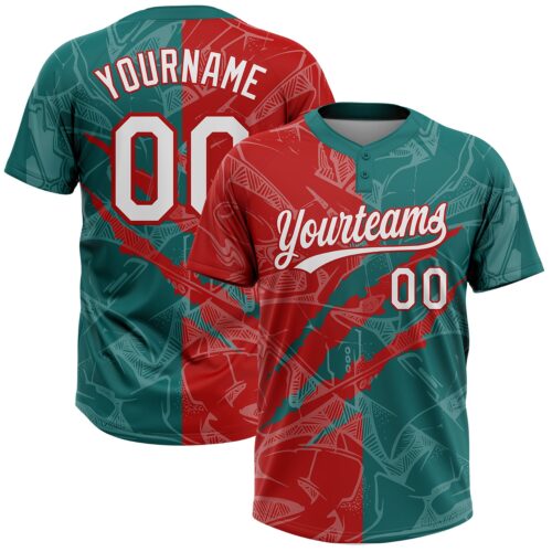 Softball2095 Custom Graffiti Pattern White Teal-Red 3D Scratch Two-Button Unisex Softball Jersey