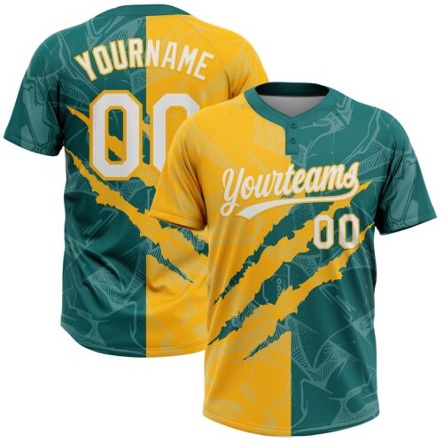 Softball2096 Custom Graffiti Pattern White Teal-Gold 3D Scratch Two-Button Unisex Softball Jersey