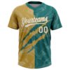 Custom Graffiti Pattern White Teal-Old Gold 3D Scratch Two-Button Unisex Softball Jersey