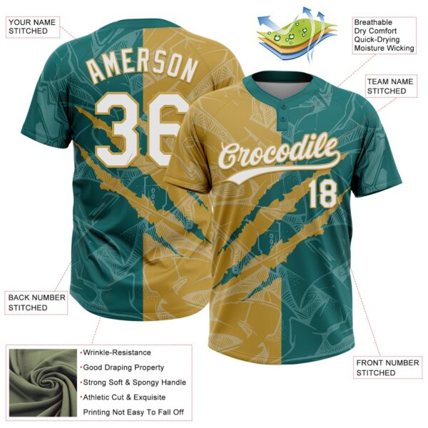 Custom Graffiti Pattern White Teal-Old Gold 3D Scratch Two-Button Unisex Softball Jersey