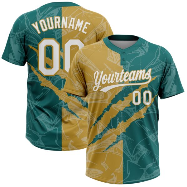 Custom Graffiti Pattern White Teal-Old Gold 3D Scratch Two-Button Unisex Softball Jersey
