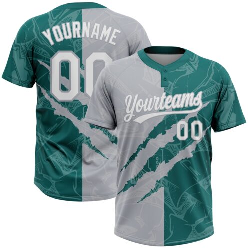 Softball2098 Custom Graffiti Pattern White Teal-Gray 3D Scratch Two-Button Unisex Softball Jersey