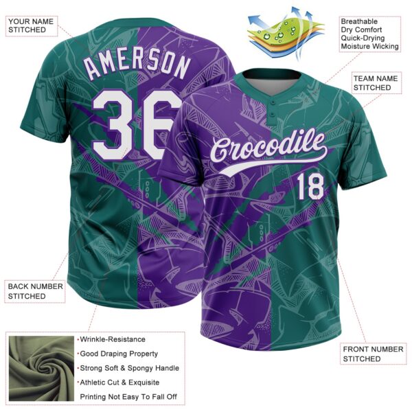 Custom Graffiti Pattern White Teal-Purple 3D Scratch Two-Button Unisex Softball Jersey