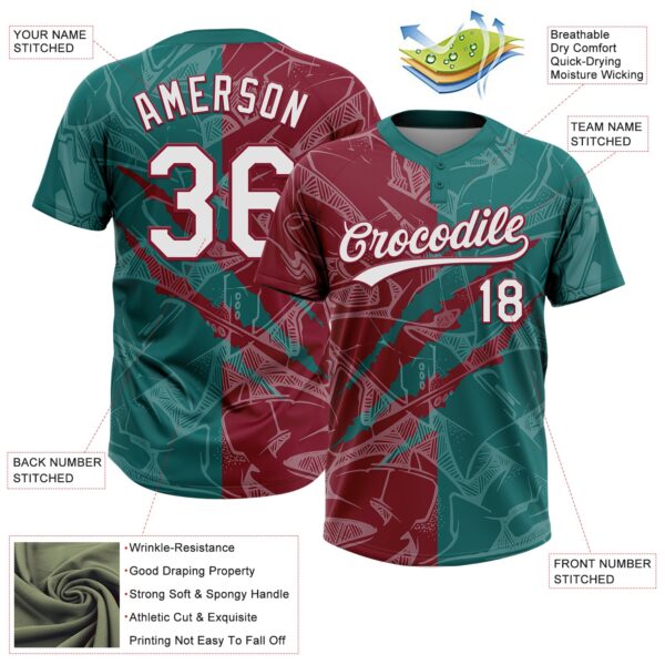Custom Graffiti Pattern White Teal-Crimson 3D Scratch Two-Button Unisex Softball Jersey
