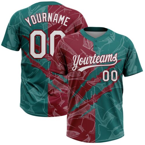 Softball2100 Custom Graffiti Pattern White Teal-Crimson 3D Scratch Two-Button Unisex Softball Jersey